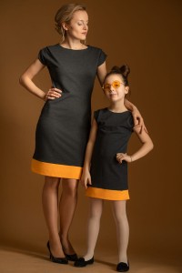 Sukienka grafit z mandarynką komplet