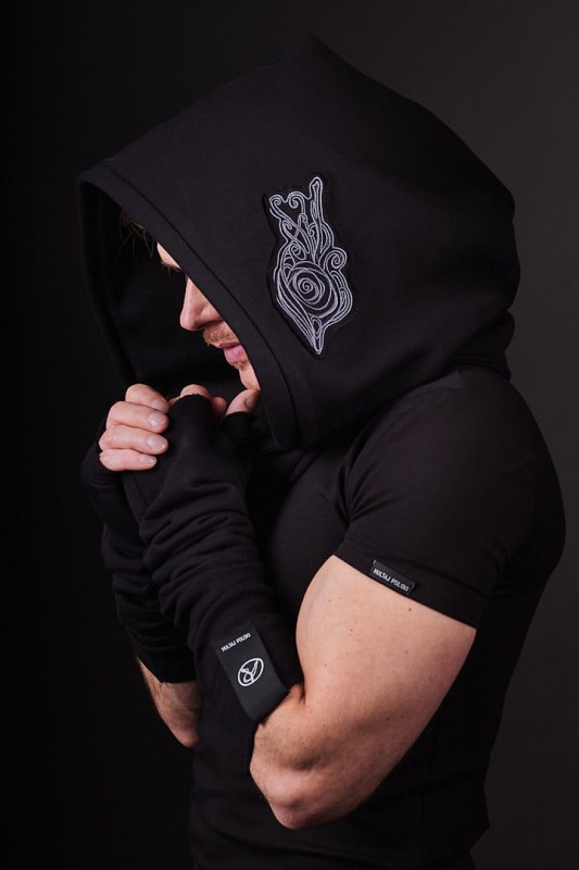 Czarny Kaptur Lorien dla mężczyzn z elfickim haftem, unisex kapturoszalik Hultaj Polski