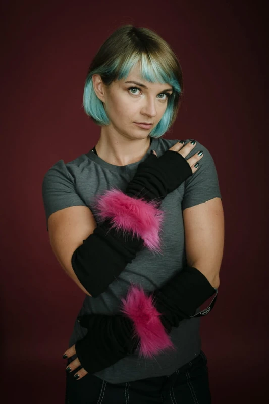 Rękawiczki Łotrzyce Czarne z różowym futrem